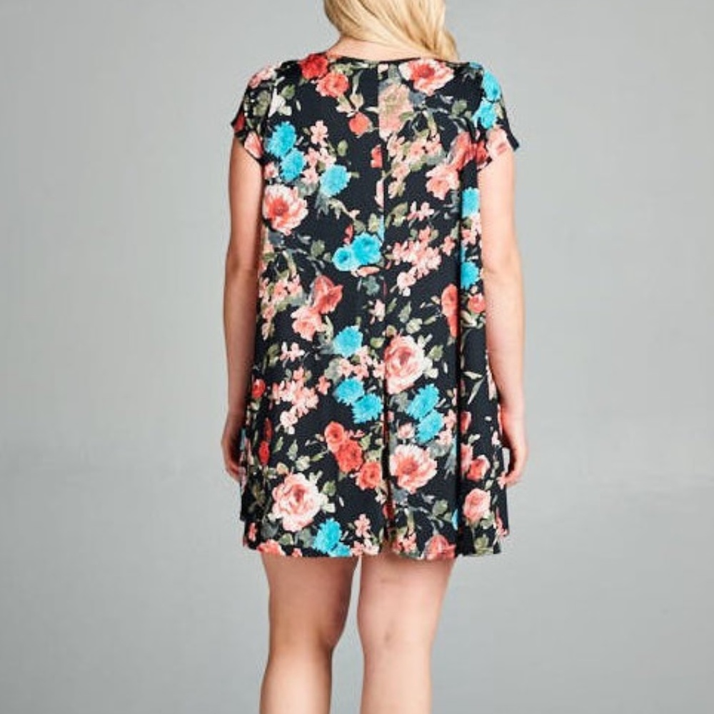 Plus Black Floral Babydoll Swing Tunic Mini Dress - Picture 6 of 6